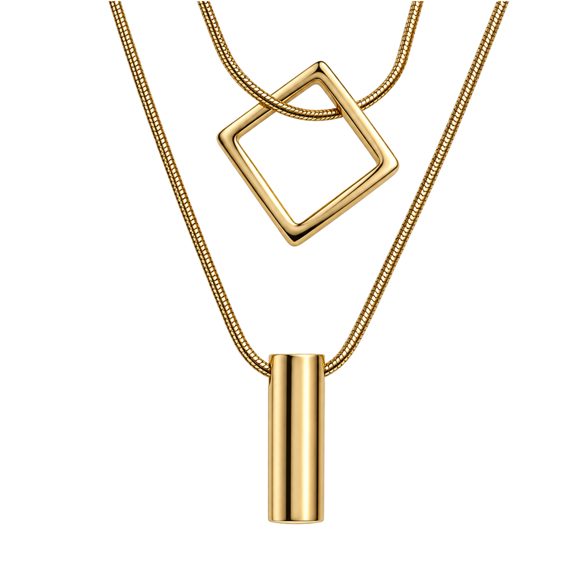 Set 01: Gold-tone square-and-bar layered necklace, detail view.