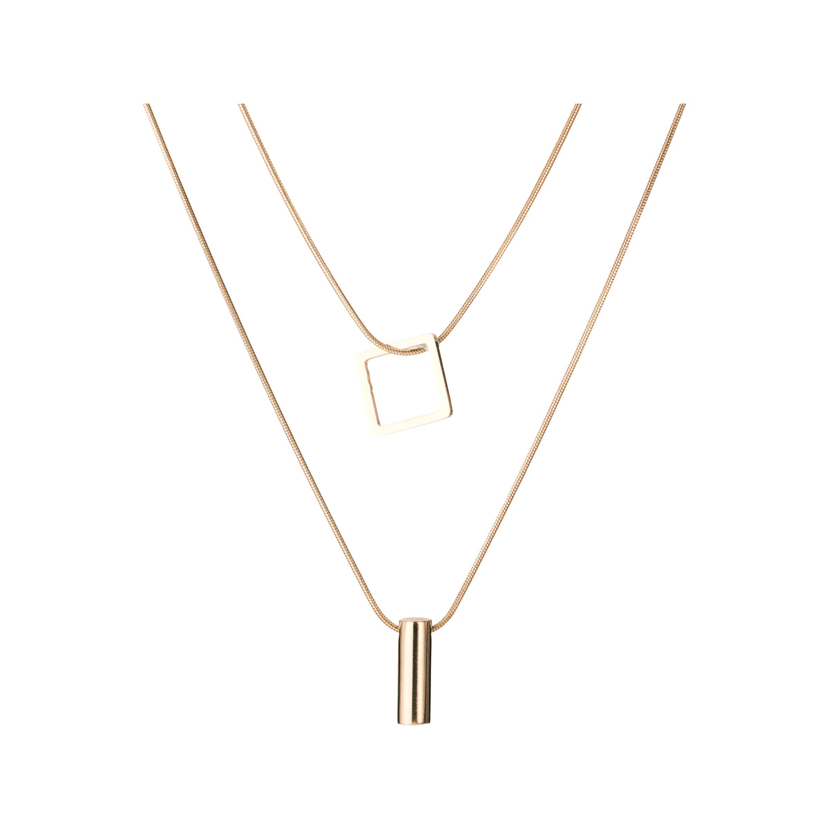 Set 01: Gold-tone square-and-bar layered necklace, complete jewelry view.