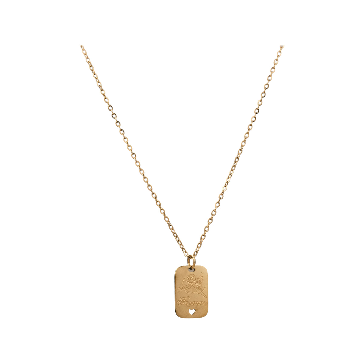 Set 01: Gold-tone tag pendant, complete jewelry view.