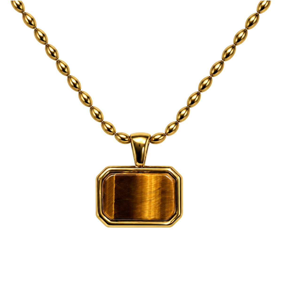 Set 02: Gold-tone brown-inset rectangular pendant, detail view.