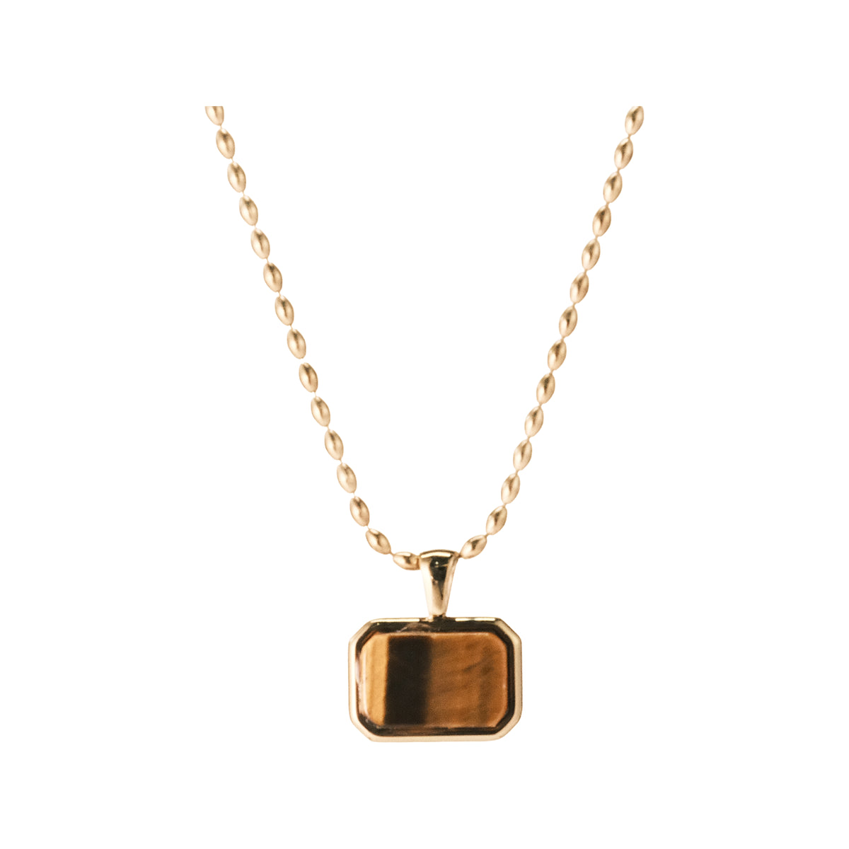 Set 02: Gold-tone brown-inset rectangular pendant, complete jewelry view.
