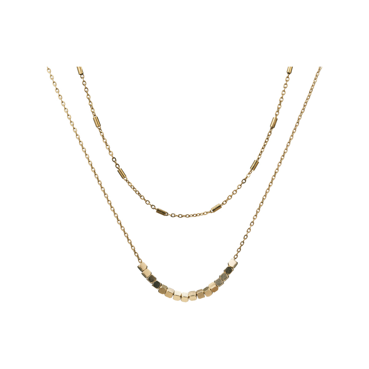 Set 03: Gold-tone bead-and-flat-chain layered necklace, complete jewelry view.