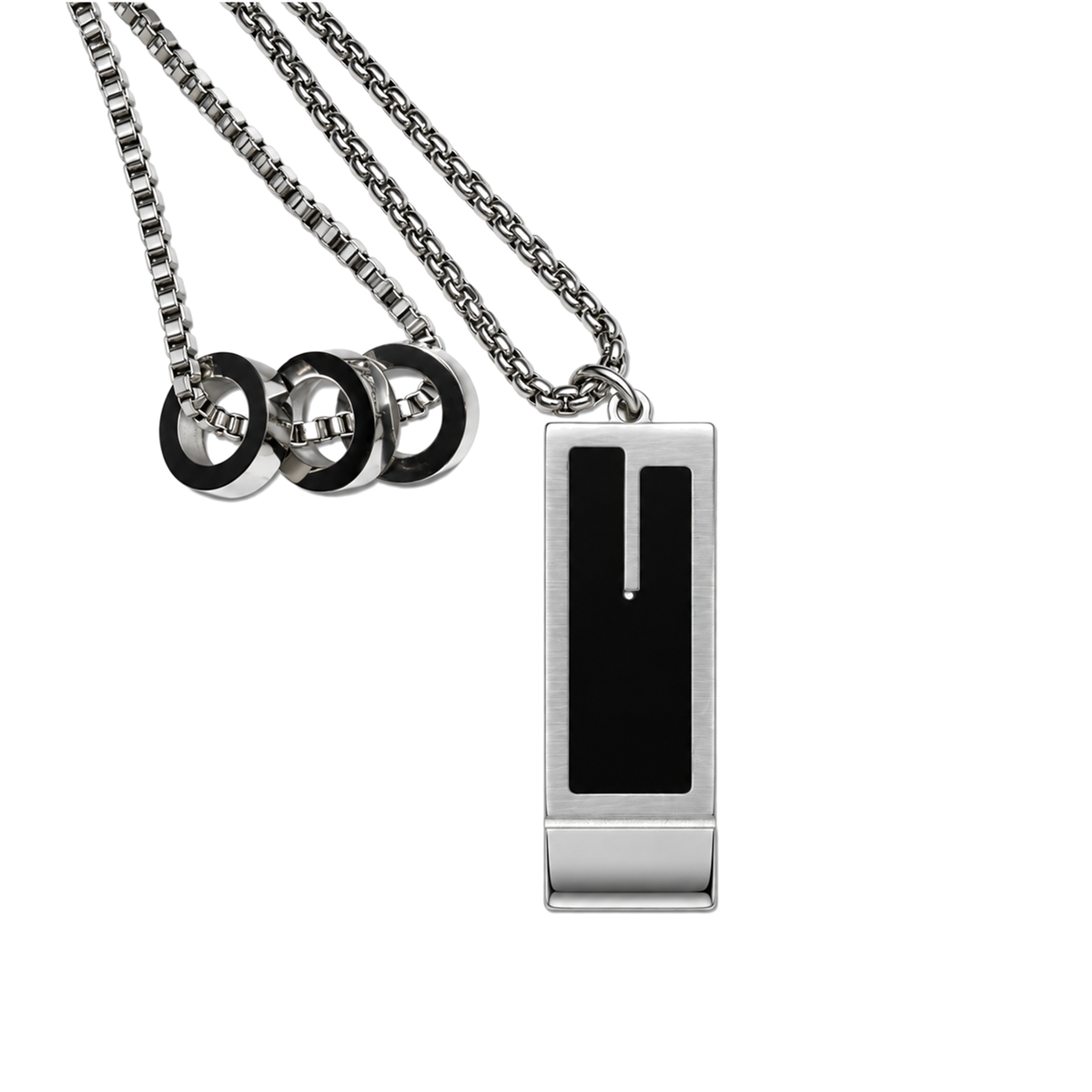 Set 04: Silver-tone layered rectangular pendant, detail view.