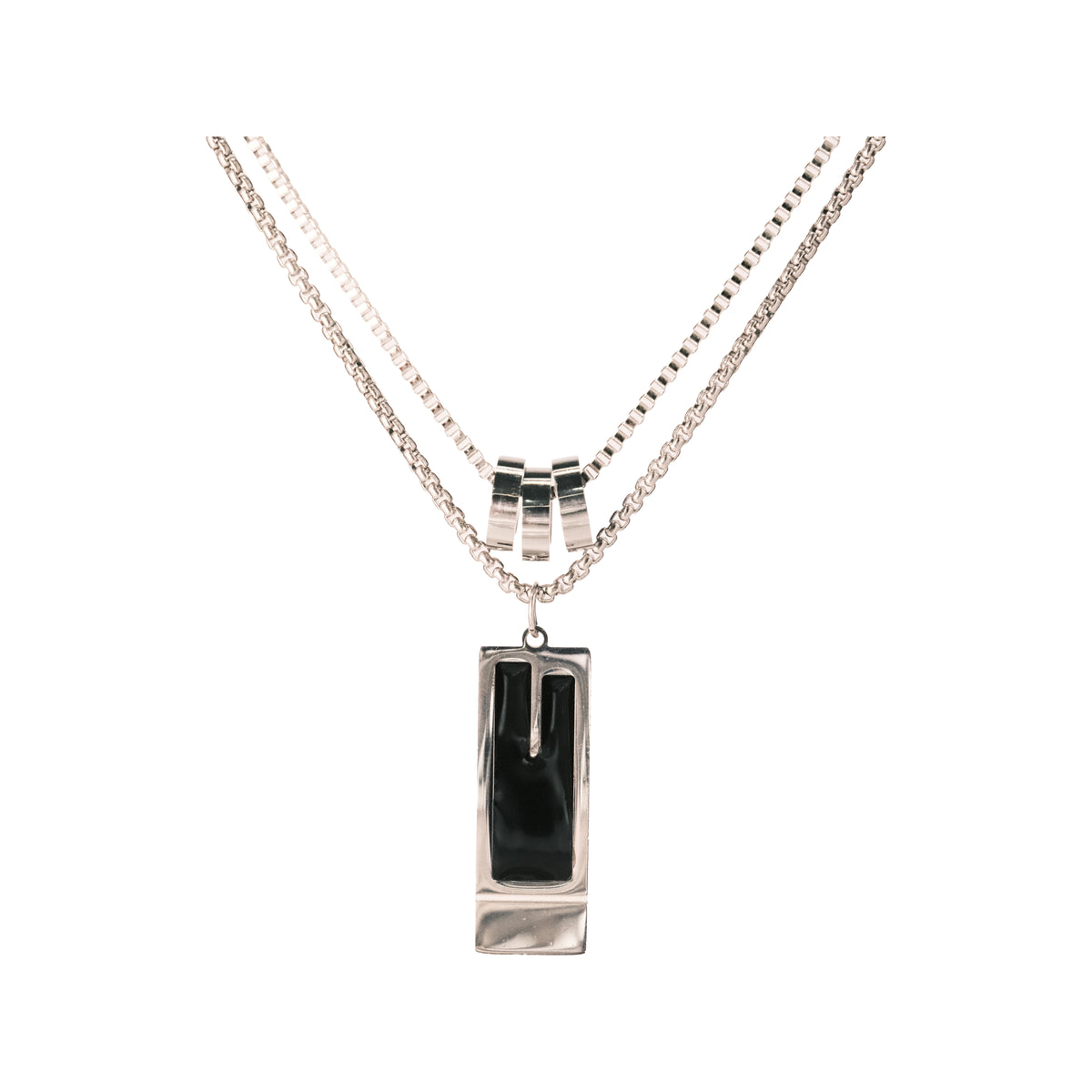 Set 04: Silver-tone layered rectangular pendant, complete jewelry view.