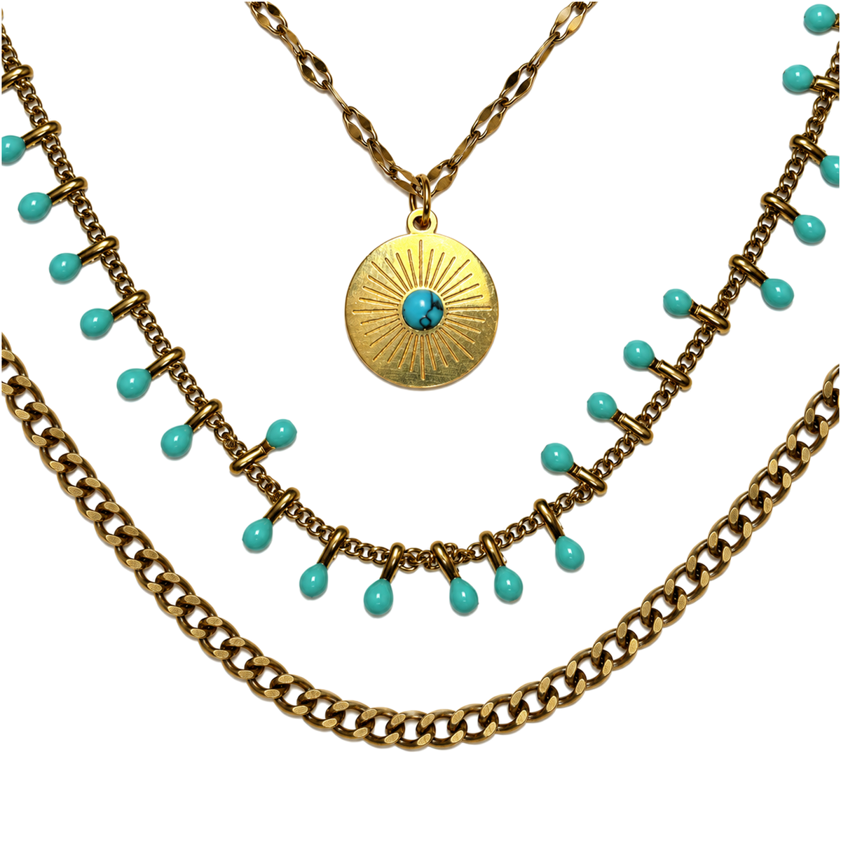 Set 05: Gold-tone layered disc-and-blue-detail necklace, detail view.