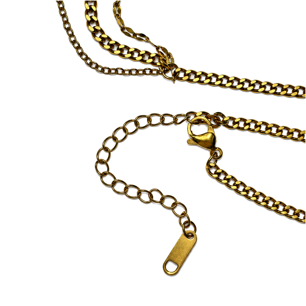 Set 05: Gold-tone layered disc-and-blue-detail necklace, detail view.