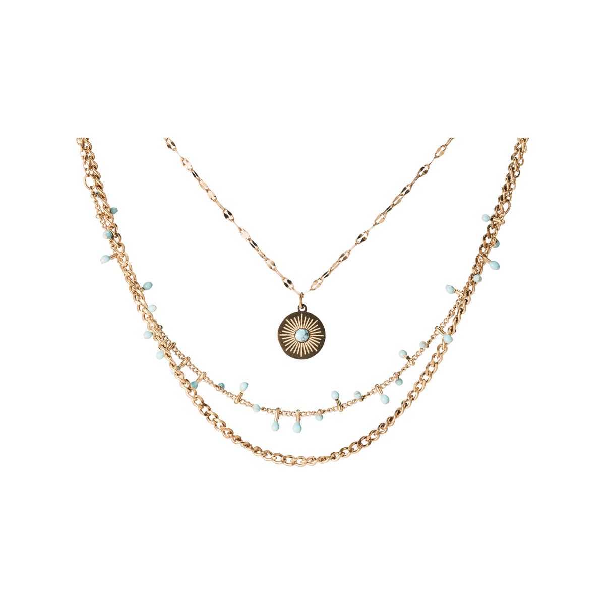 Set 05: Gold-tone layered disc-and-blue-detail necklace, complete jewelry view.