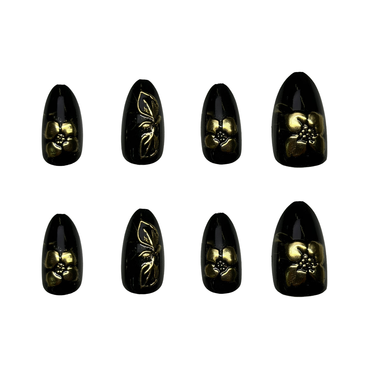 Black & Gold Bloom press-on nail design for Set 05