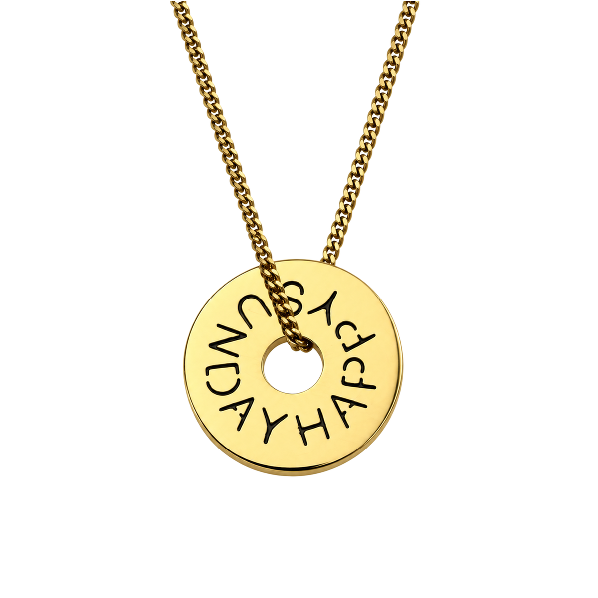 Set 06: Gold-tone Happy Day disc pendant, detail view.
