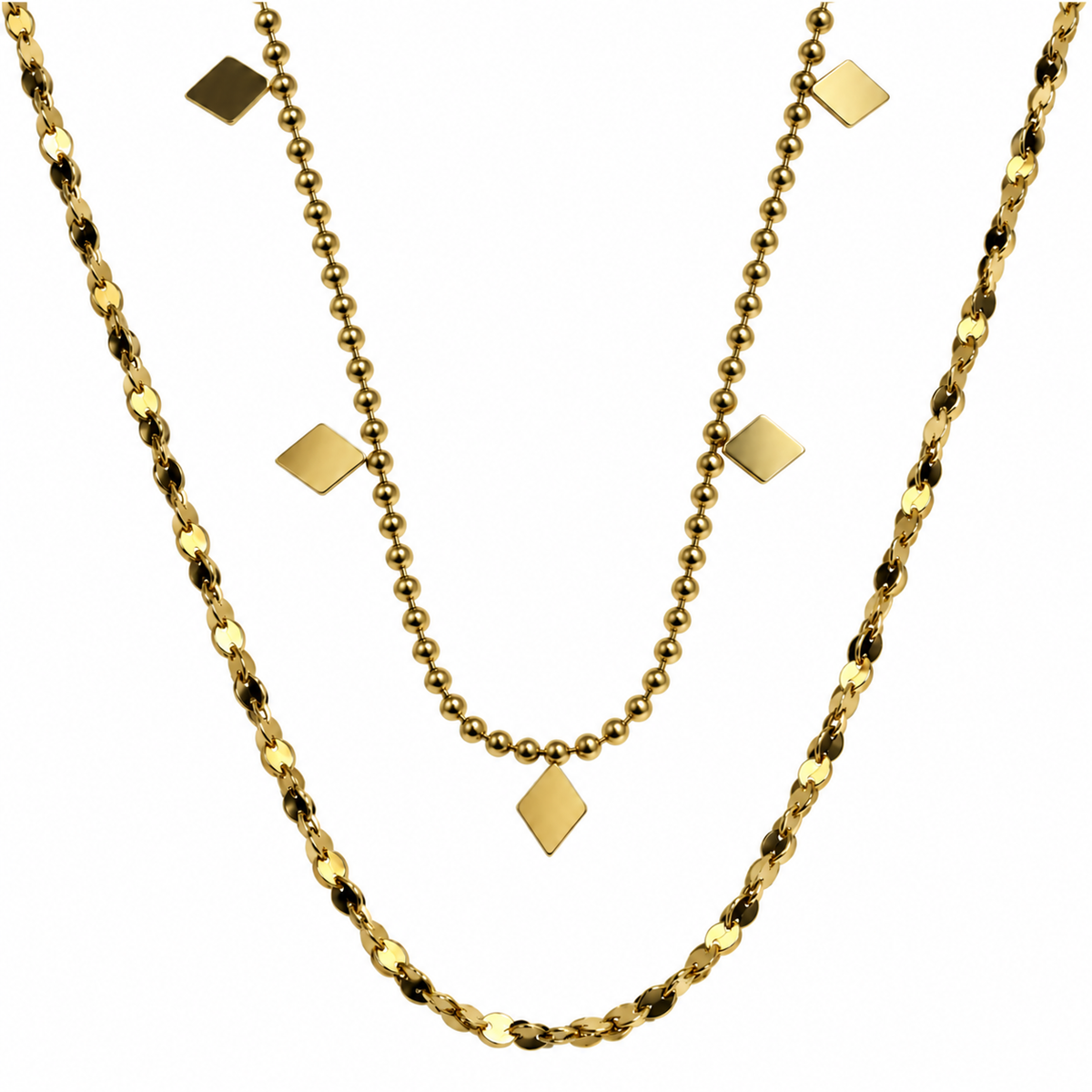 Set 06: Gold-tone geometric layered necklace, detail view.