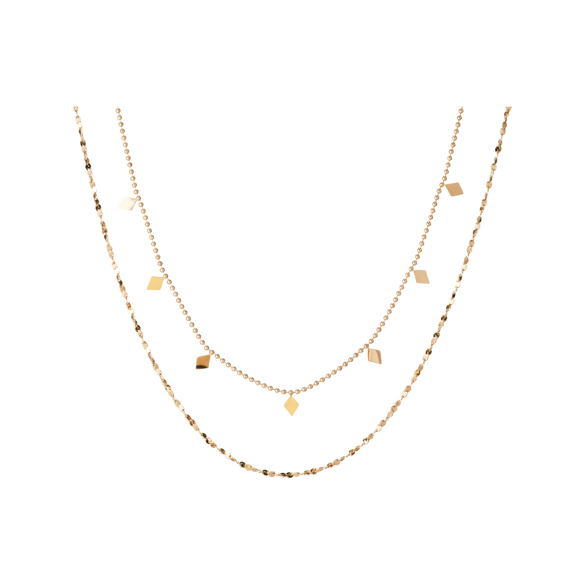 Set 06: Gold-tone geometric layered necklace, complete jewelry view.