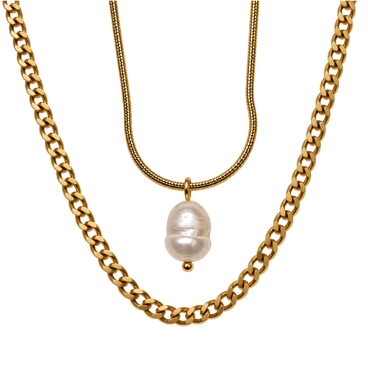 Set 07: Gold-tone pearl-style layered necklace, detail view.