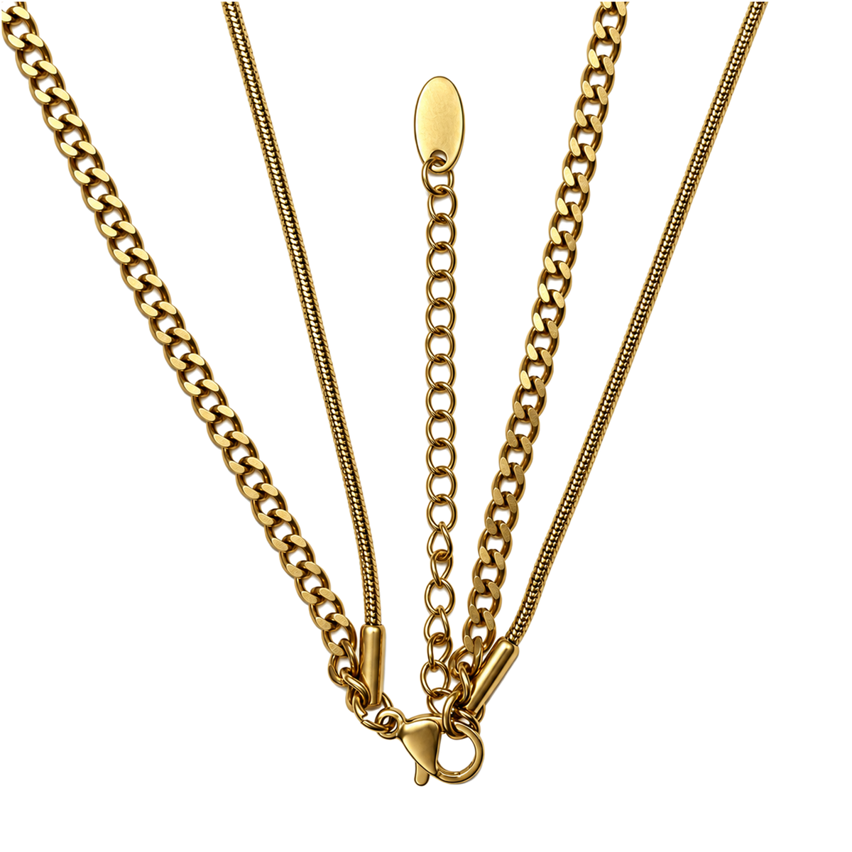 Set 07: Gold-tone pearl-style layered necklace, detail view.