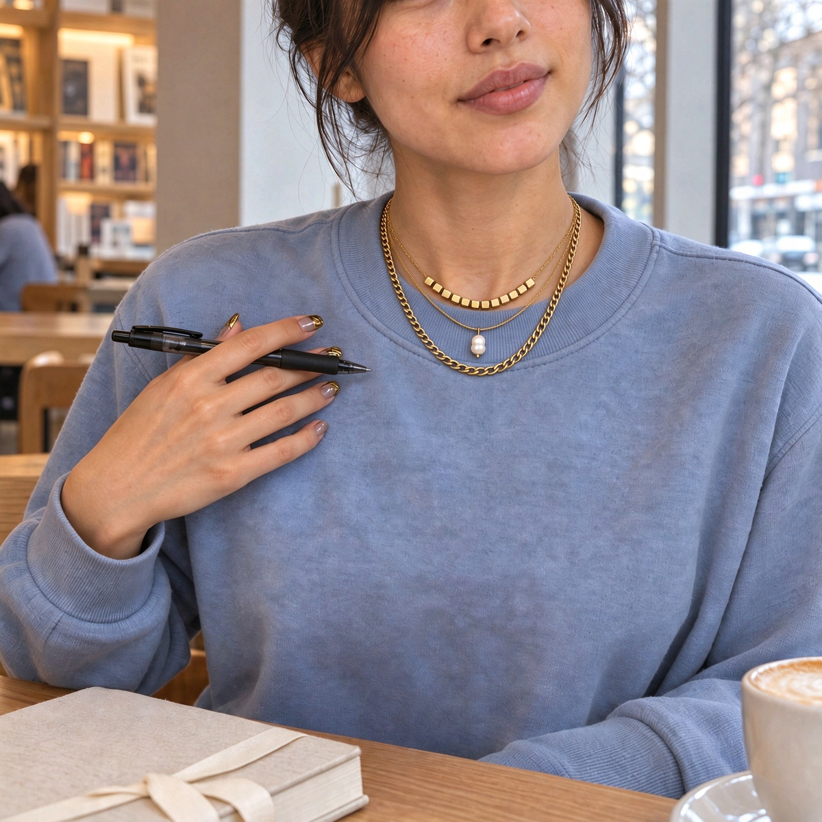 Set 07: model wearing the same layered jewelry and matching nails on her fingers.