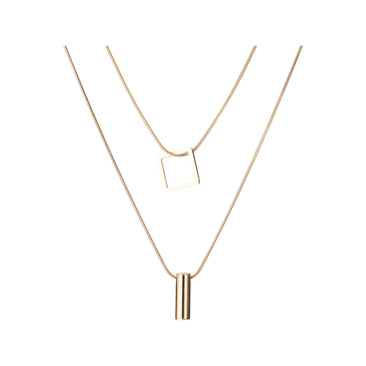 Gold-tone square and bar pendant layers on a white background