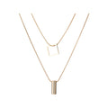 Class Day possible look 1 of 4: Layered chains with an open-square charm and a vertical bar pendant. One surprise two-necklace set per box.