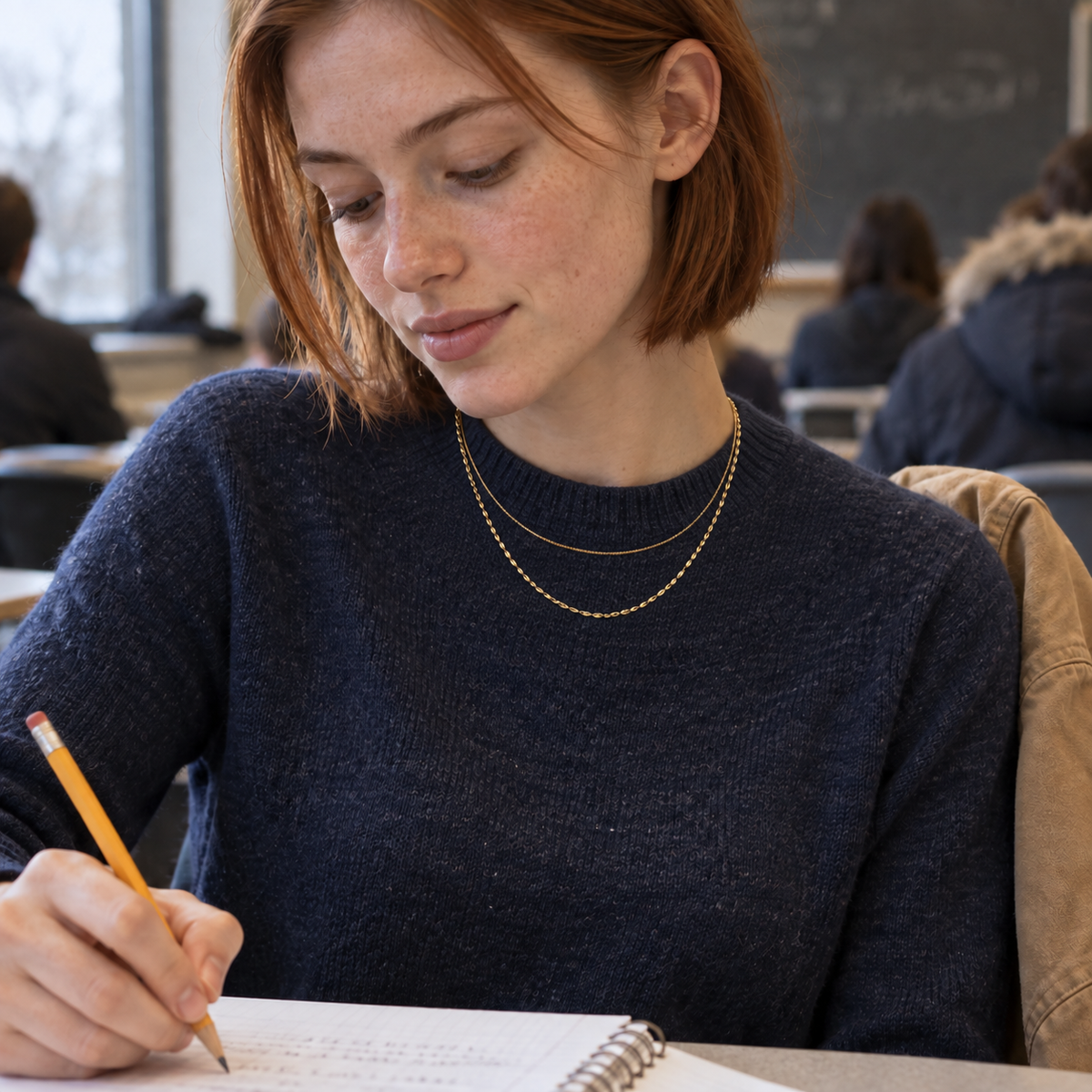 Fine gold-tone chains with rice-grain-style detail styled for Class Time