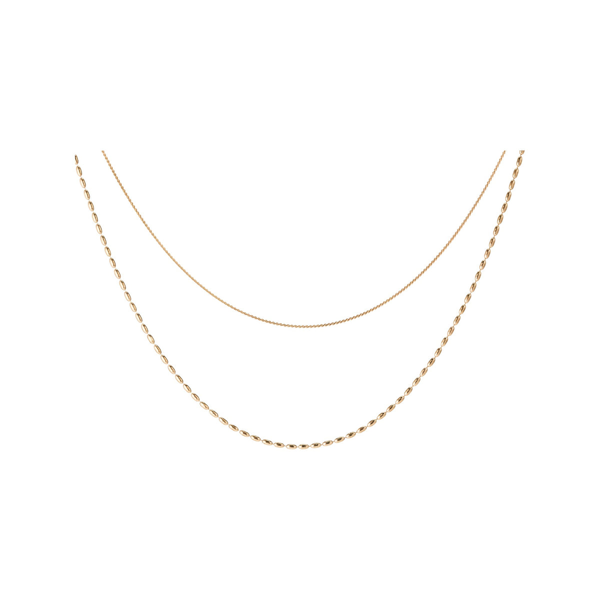Fine gold-tone chains with rice-grain-style detail on a white background