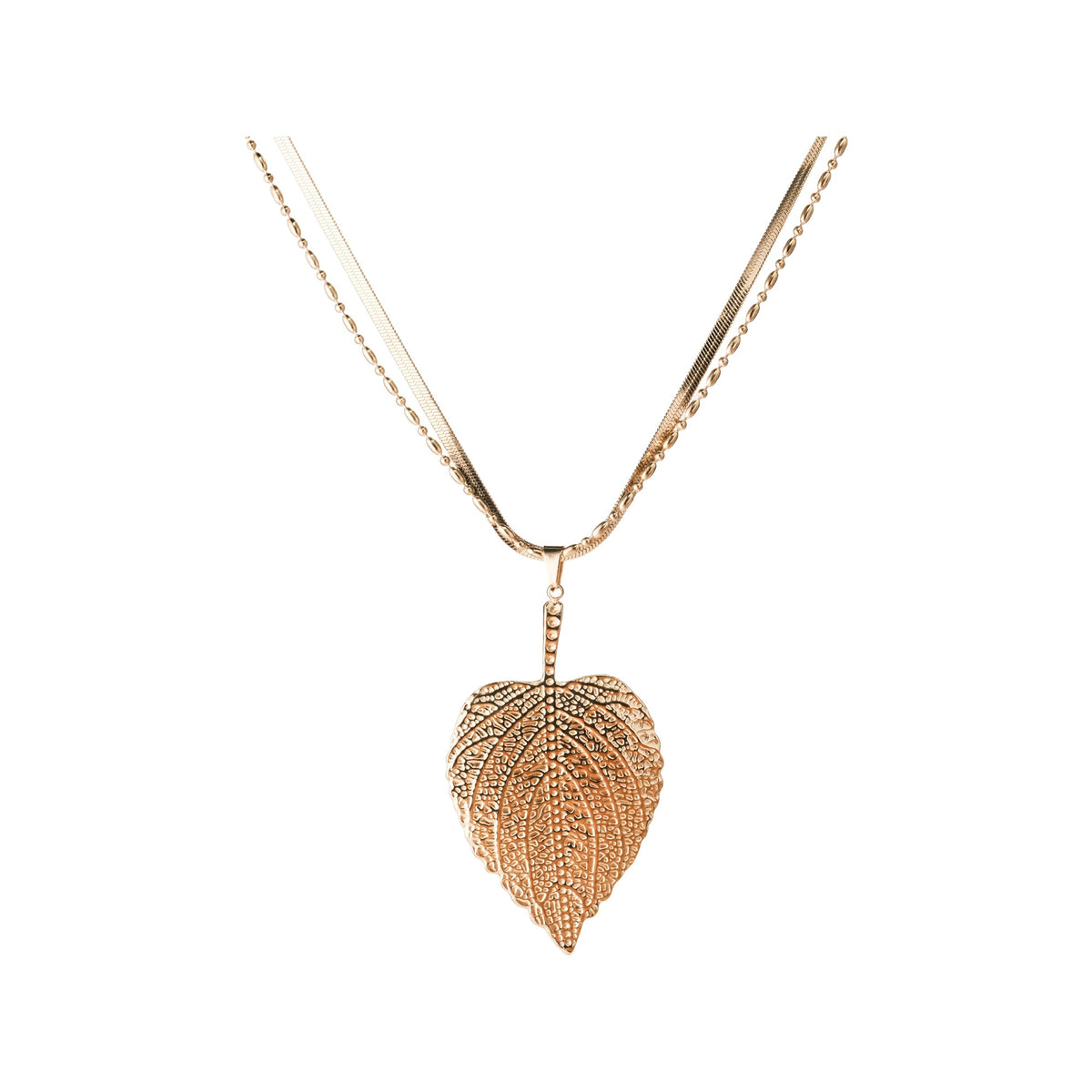 Gold-tone layered chains with a textured leaf pendant on a white background