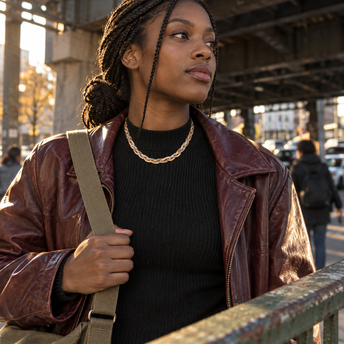 Three-tone braided necklace styled for Streetwear