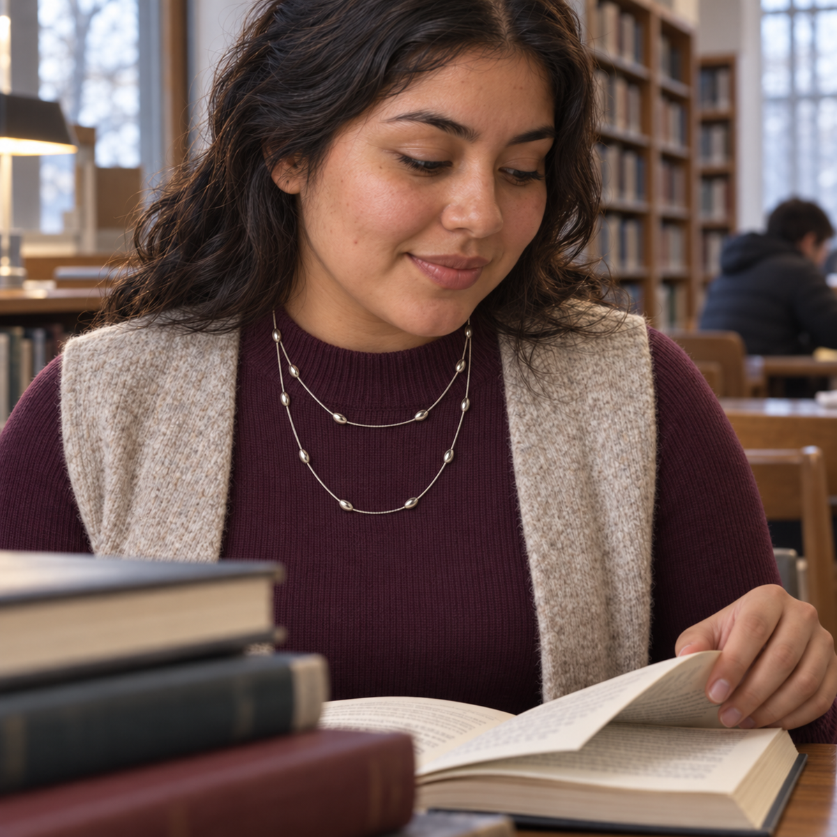 Silver-tone chain with spaced oval stations styled for Library Hours