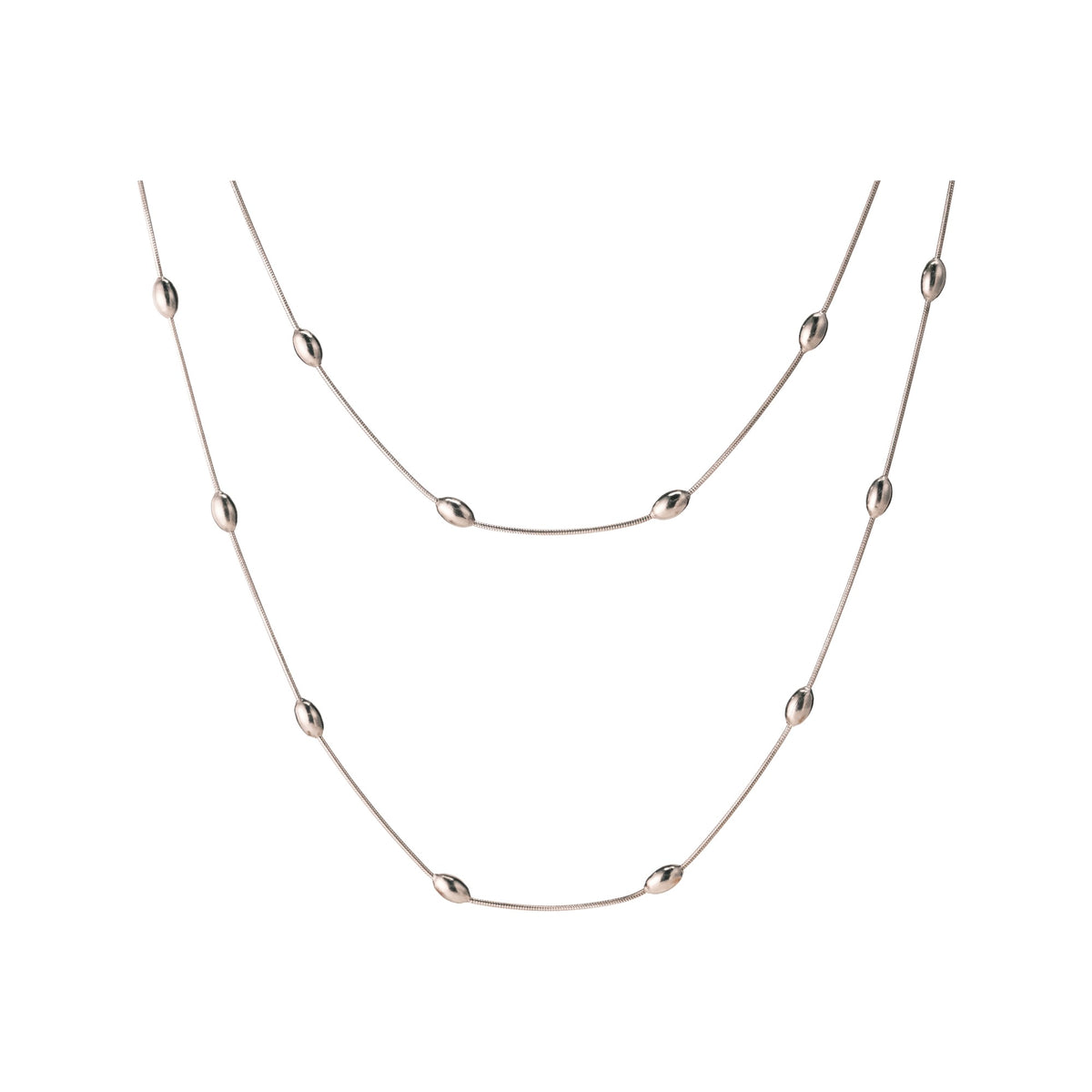 Silver-tone chain with spaced oval stations on a white background