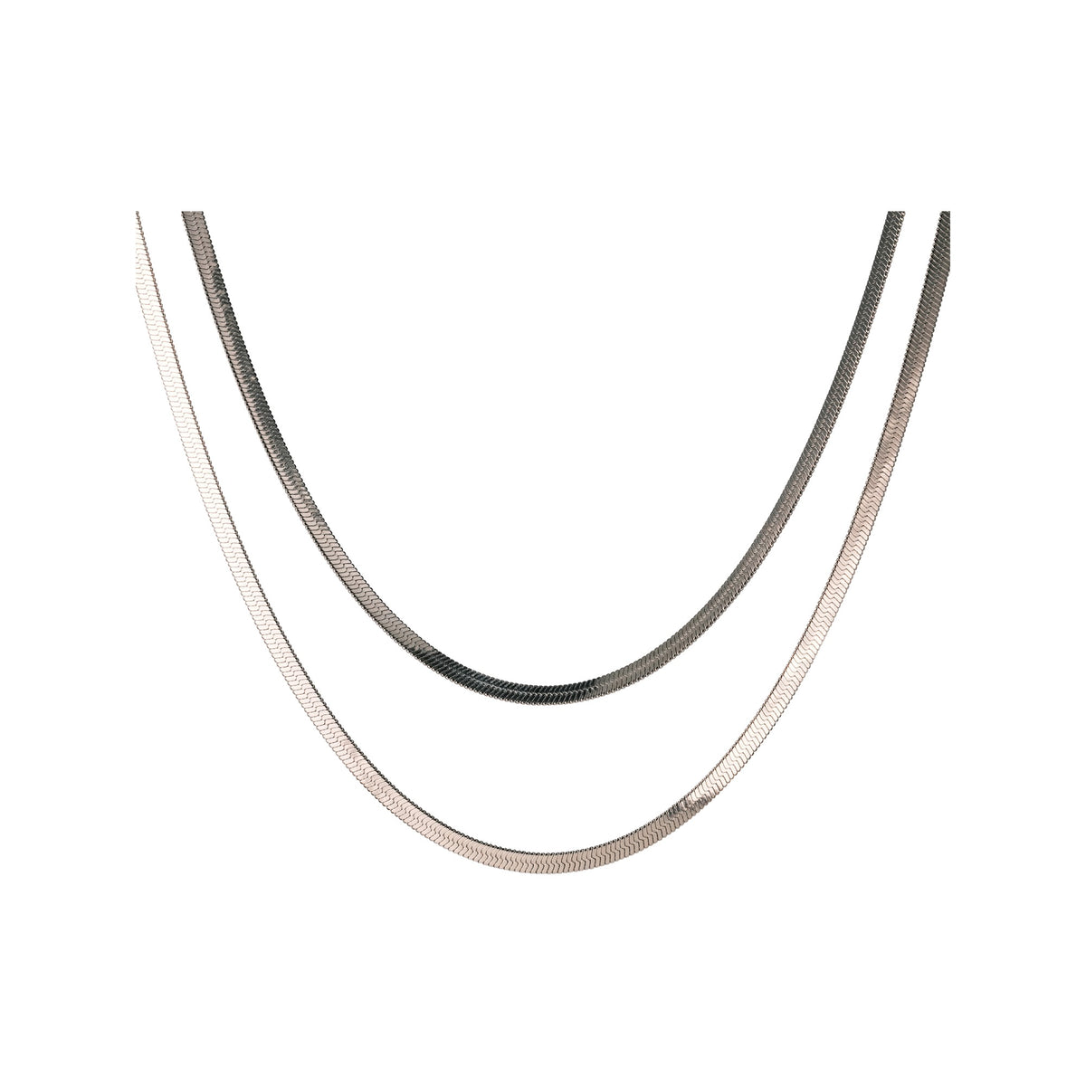 Long silver-tone flat-link chain on a white background