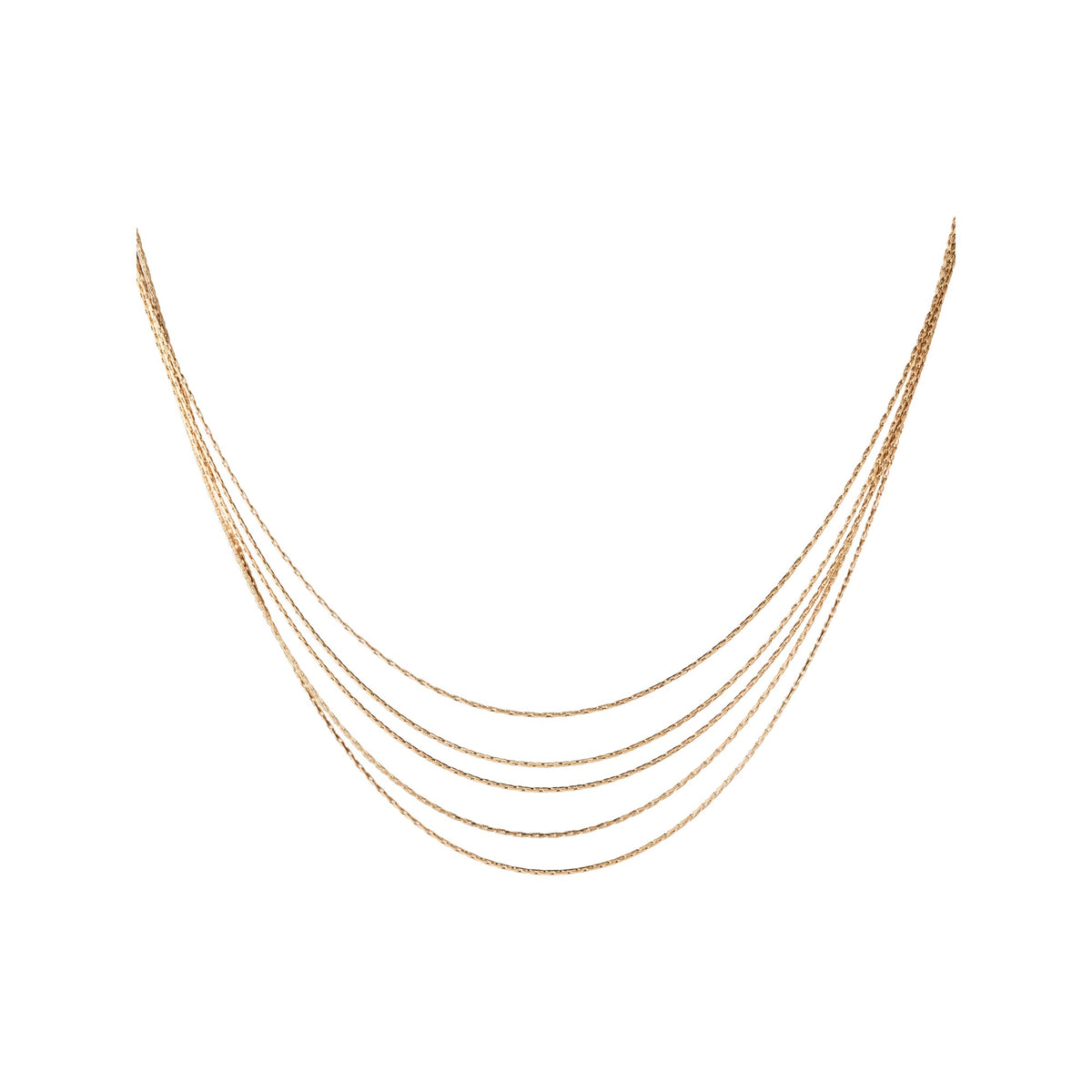 Gold-tone five-strand layered necklace on a white background