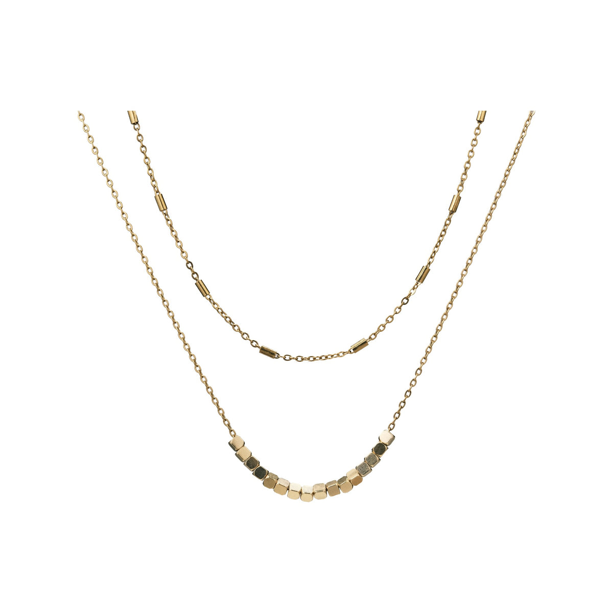 Gold-tone layered chains with geometric bead details on a white background