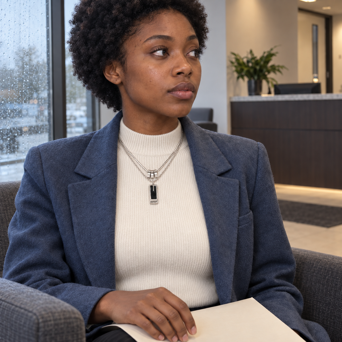 Silver-tone layered necklace with a rectangular pendant styled for Interview Ready