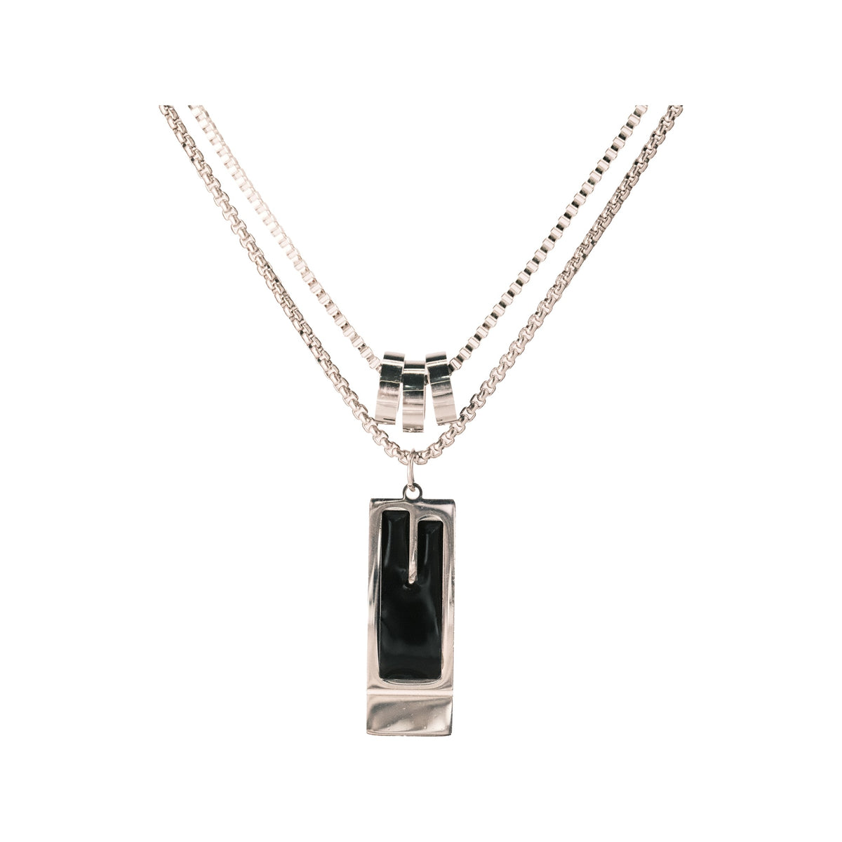 Silver-tone layered necklace with a rectangular pendant on a white background