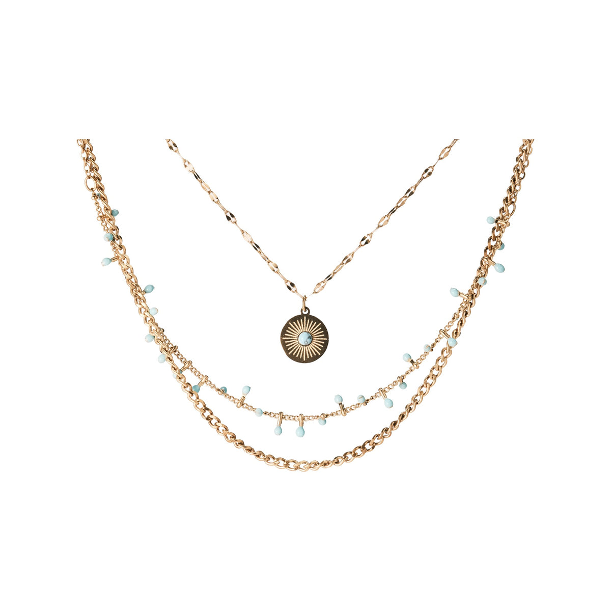 Gold-tone three-strand necklace with a round pendant on a white background