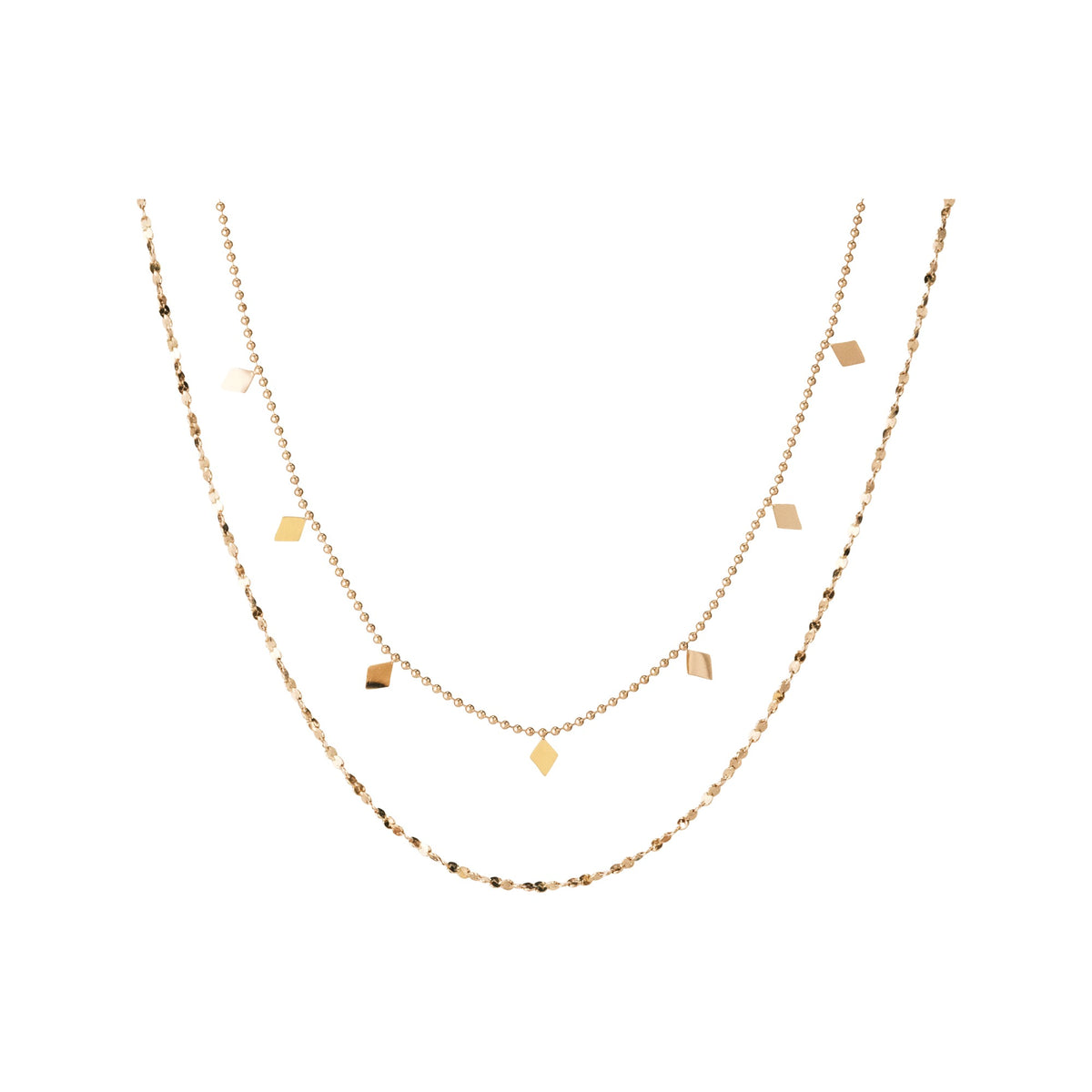 Gold-tone layered chains with lozenge-shaped charms on a white background