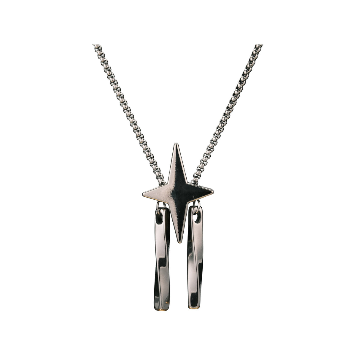 Silver-tone star pendant with long bar details on a white background