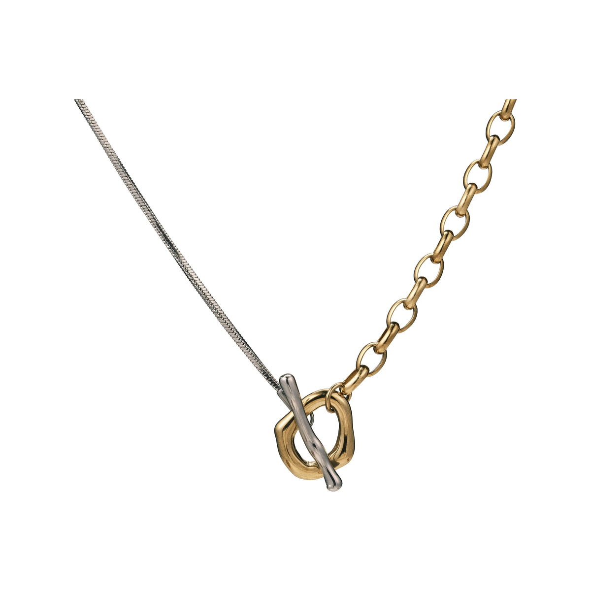 Mixed-tone necklace with a front toggle detail on a white background