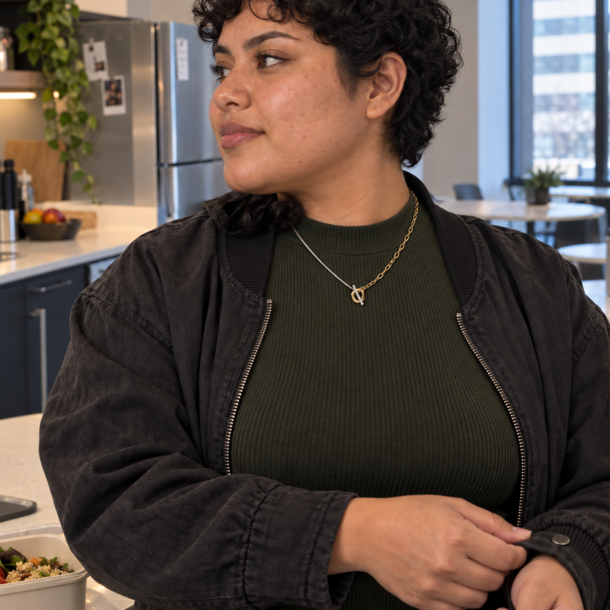 Mixed-tone necklace with a front toggle detail styled for Office Hours