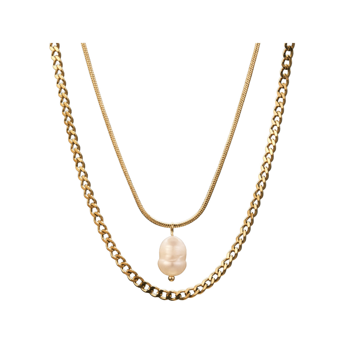Gold-tone layered necklace with a pearl-style pendant on a white background
