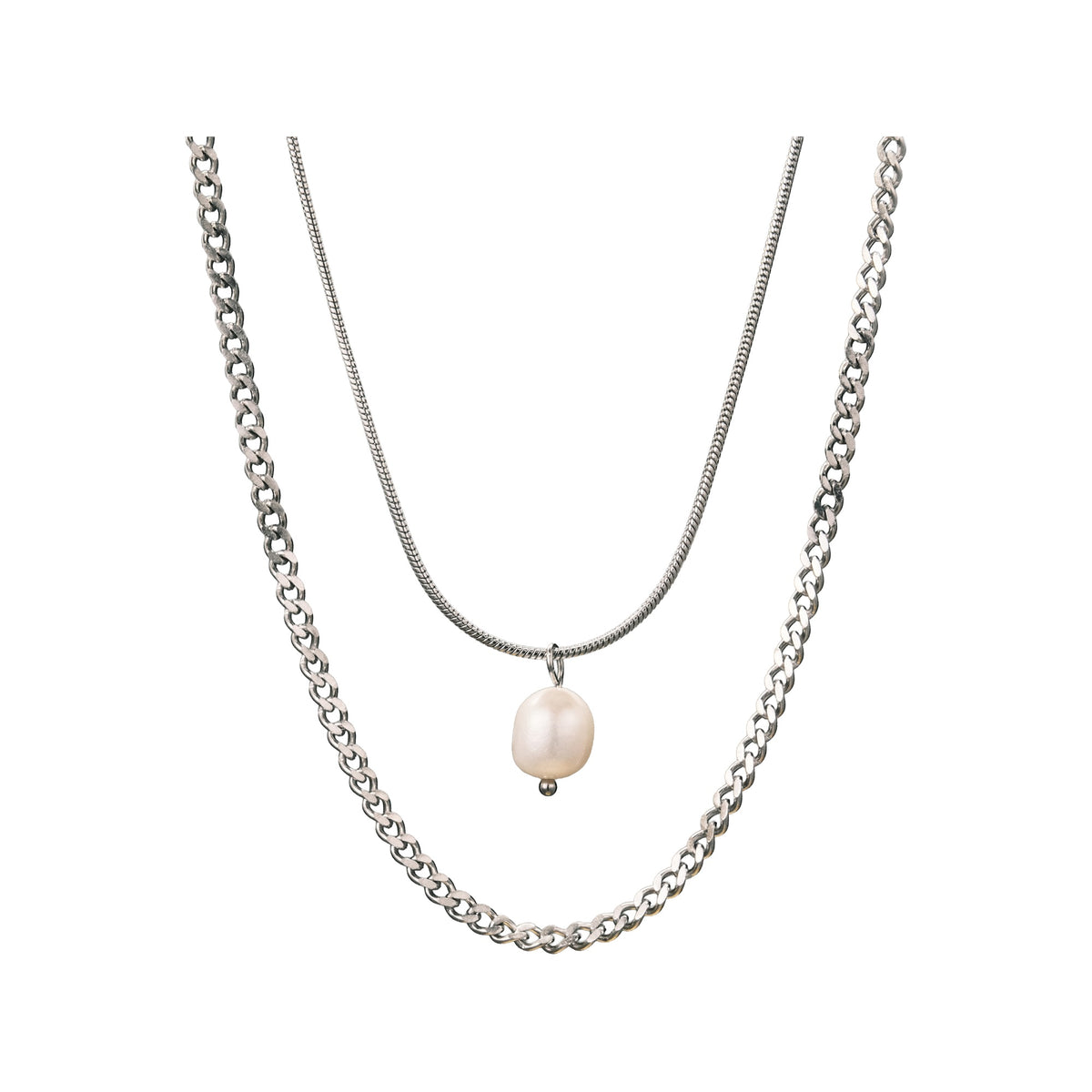 Silver-tone layered necklace with a pearl-style pendant on a white background