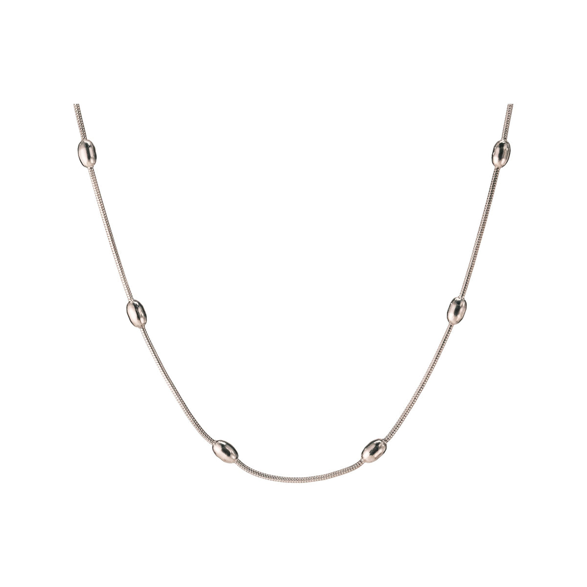 Silver-tone necklace with spaced oval stations on a white background